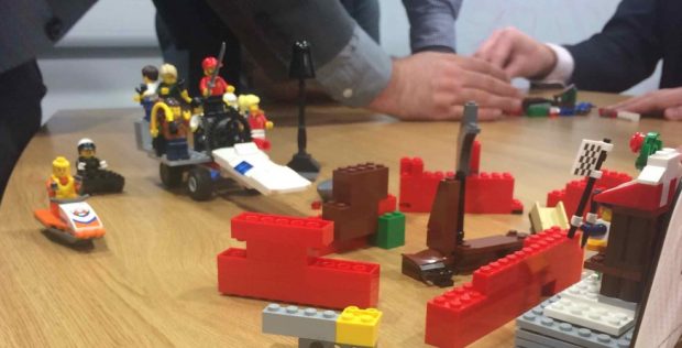 An agile team conducting a retrospective using a Lego activity.