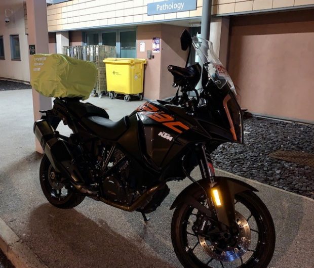 A blood bike parked and ready to be used.