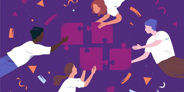 Co-workers building jigsaw puzzle illustration