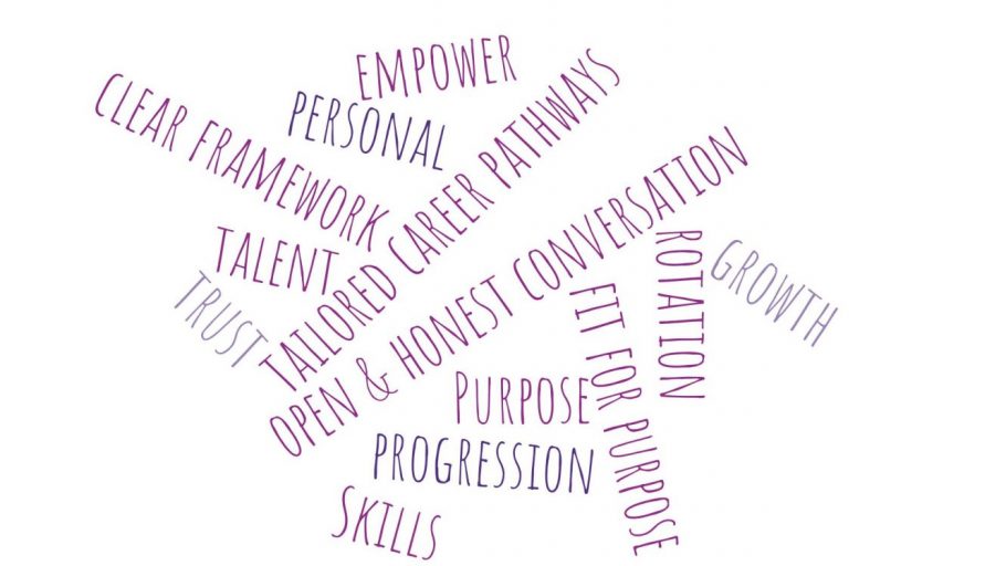 DSPM Community Meeting Word Cloud: empower, personal, tailored career pathways, open & honest conversation, clear framework, talent, trust, purpose, progression, skills, fit for purpose, rotation, growth