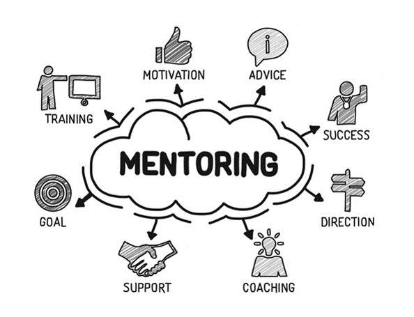 Mentoring illustration: advice, motivation, training, goal, support, coaching, direction, success, 